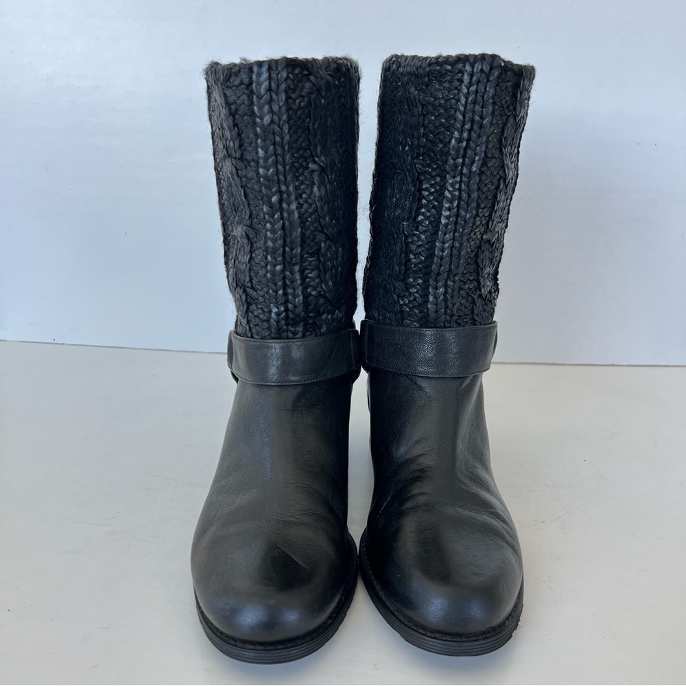 ♦️SOLD♦️STUART WEITZMAN Charcoal Black Leather Coated Knit Moto Mid Calf Boots - Picture 3 of 15